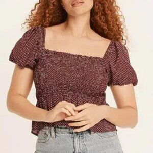 J Crew Square Neck Smocked Cotton Voile Top‎ Size S Polka Dot Puff Sleeves BG310